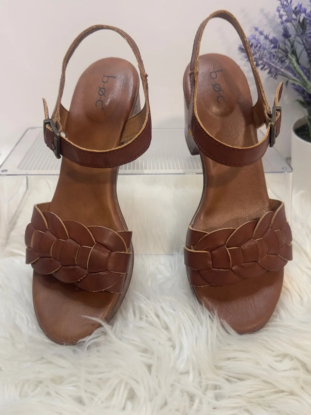 b.o.c. Brown Leather Wedge Sandals with Braided Front